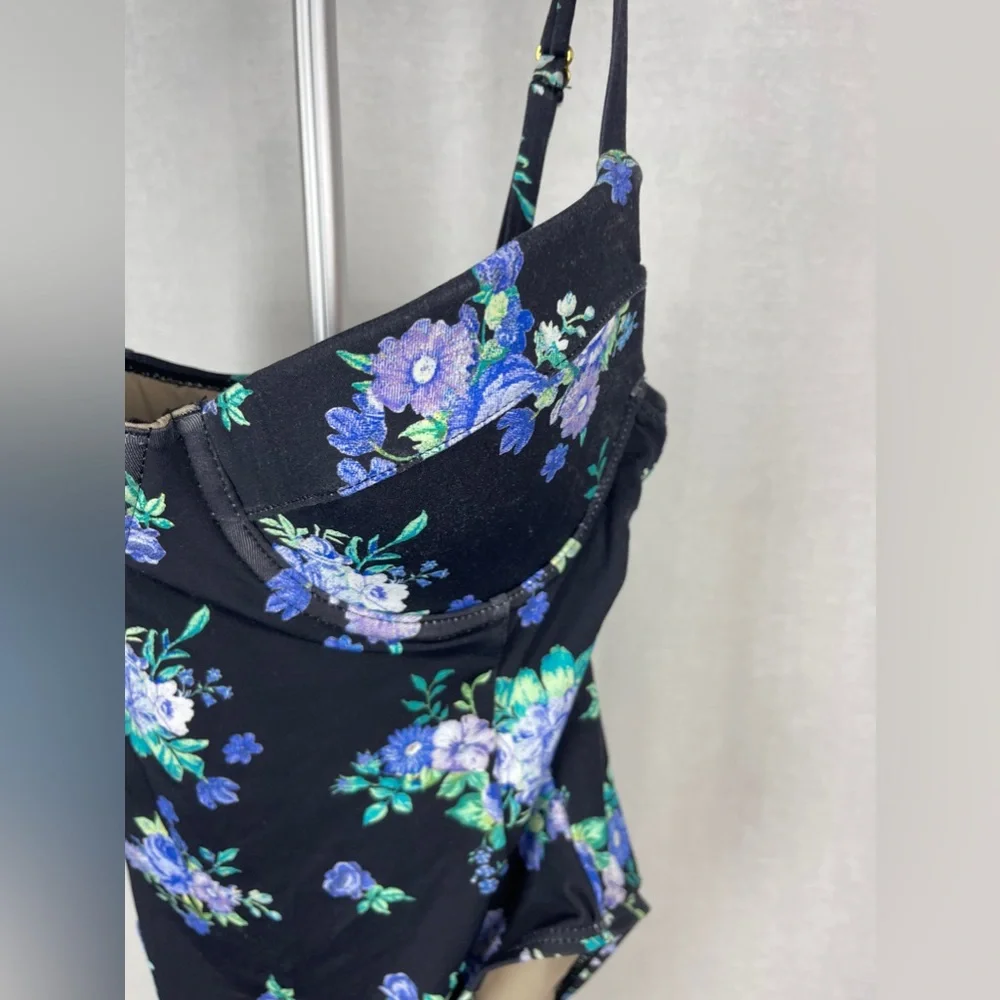 WeWoreWhat Underwire Black With Blue Flowers One-Piece Size Medium NWT